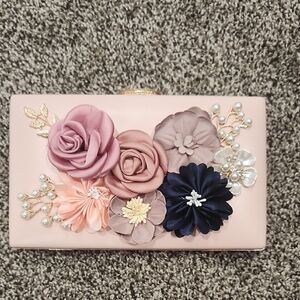 Elegant Floral Clutch with Pink and Navy Accents